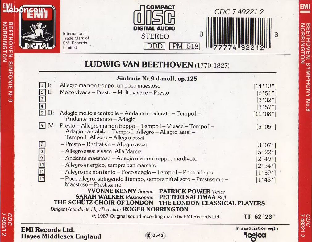 Ludwig van Beethoven Livret + Back Cover de l'album Symphonie Nr. 9 par Roger Norrington (sans CD et sans boitier) (image 2)