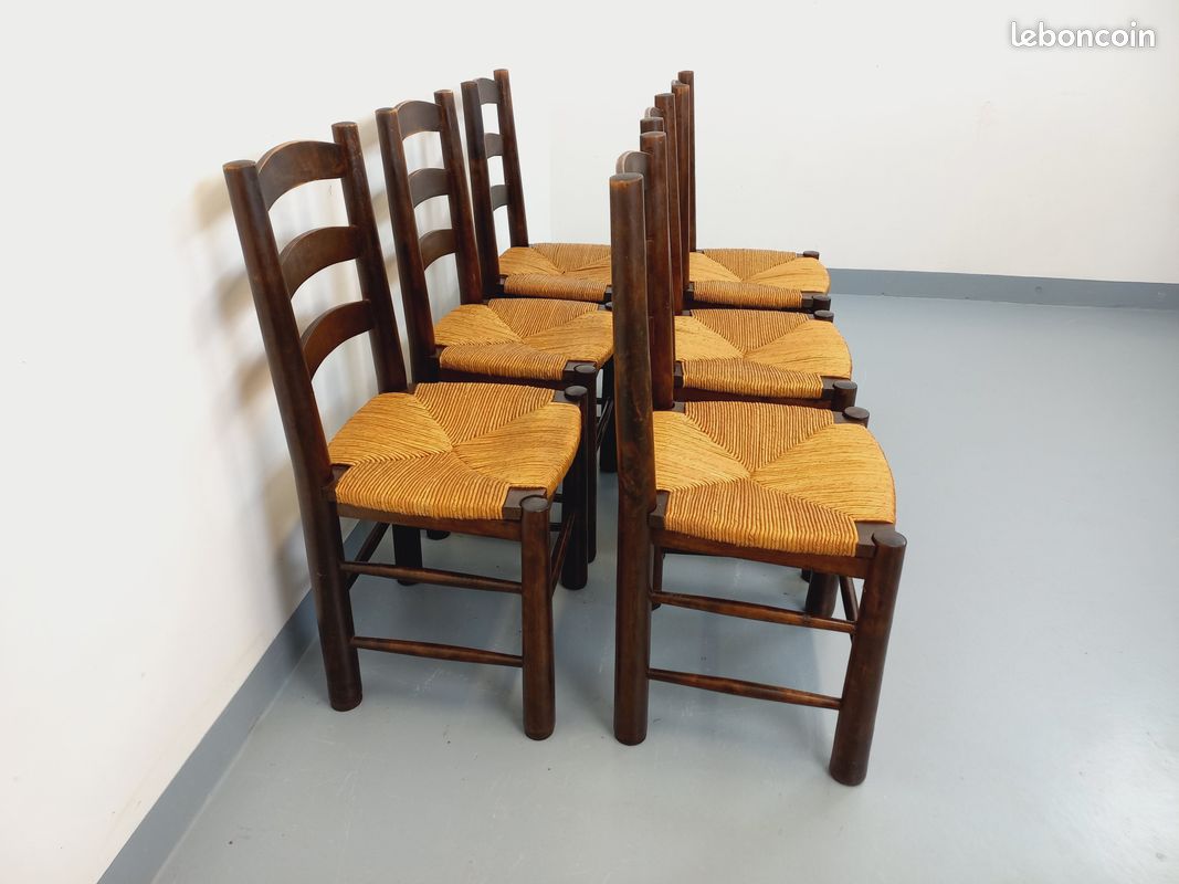Suite de 6 chaises brutalistes vintage Georges Robert en bois et paille des années 50 60 (image 4)