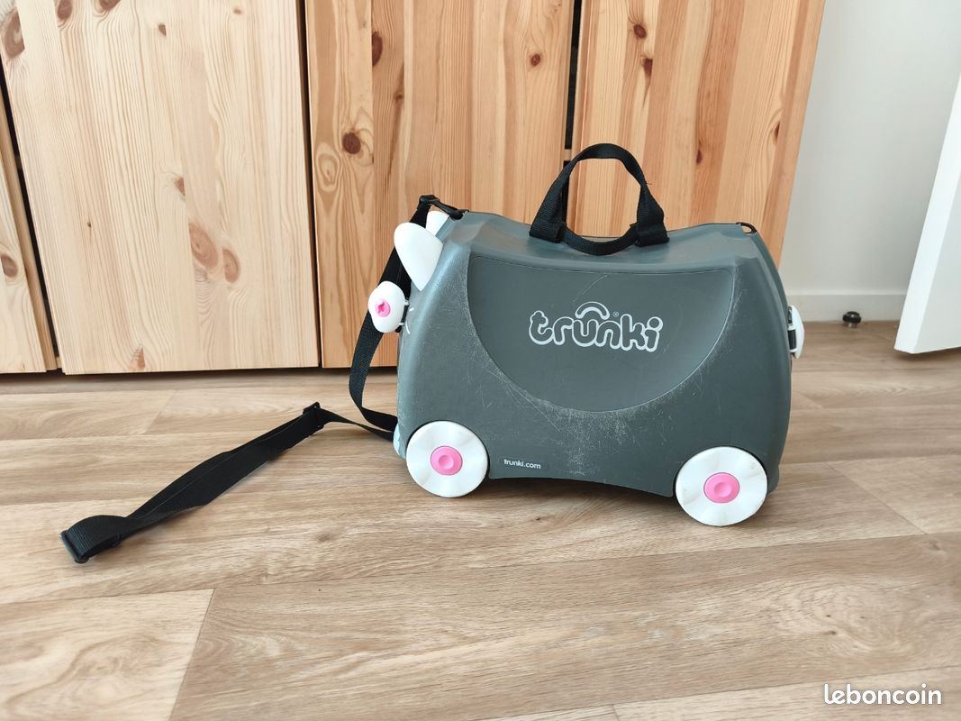 Valise Trunki Grise Motif Chat – Enfant, à Roulettes, Très Bon état