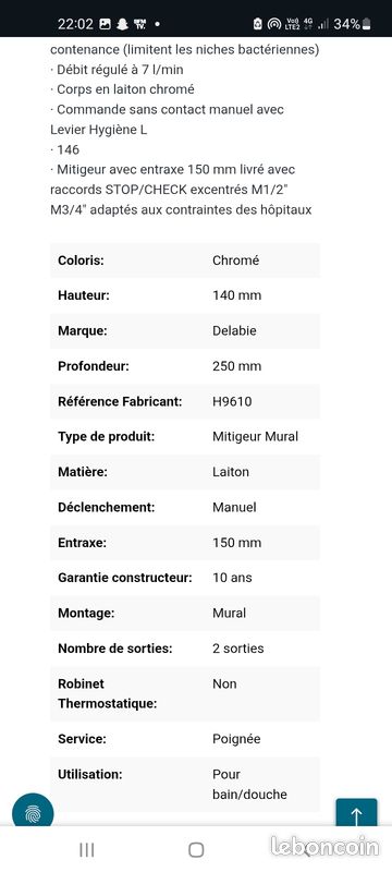 Mitigeur robinet Delabie H9610 thermostatique sequentiel mual (image 2)
