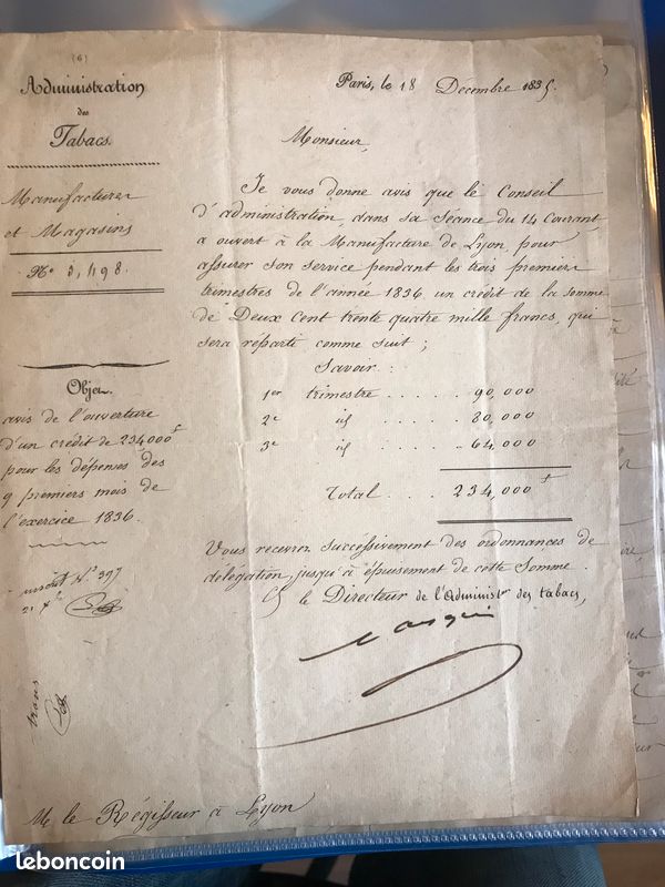 50 lettres administration des tabacs - manufacture tabac de Lyon 1813 à 1838 (image 5)