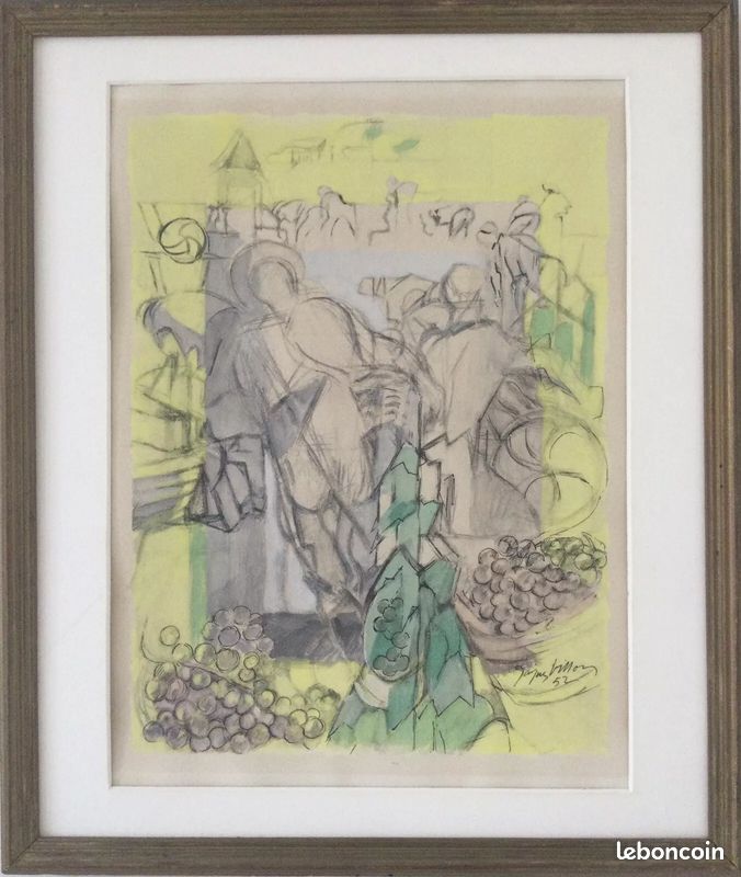 Jacques VILLON 1875-1963.Les vendanges,1952.Lithographie.SBD.28x21.Cadre (image 1)
