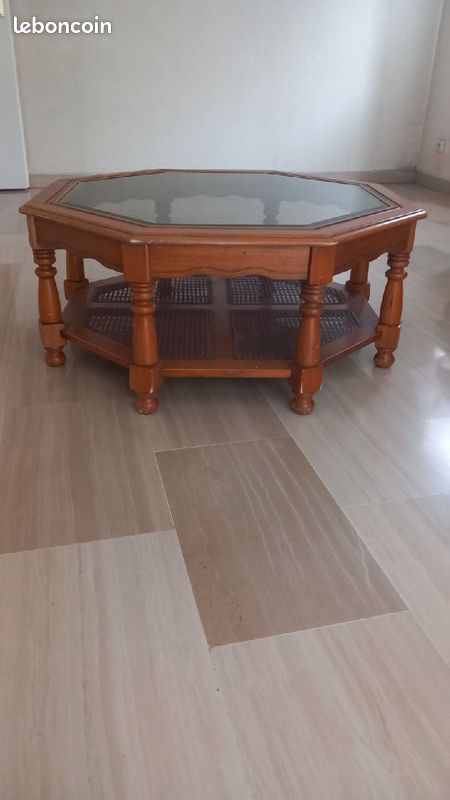 Table basse octogonale merisier plateau verre biseauté TBE (image 2)