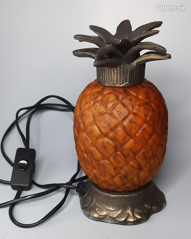 Ancienne et très belle lampe Ananas Pâte de verre ambre & métal patiné style Art Déco (image 5)