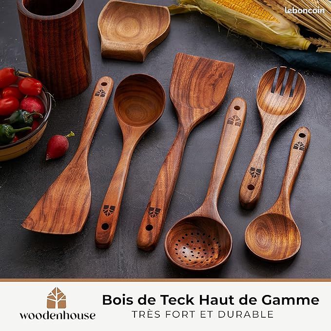 Ustensiles De Cuisine En Bois Avec Support, Cuillères En Bois De Teck