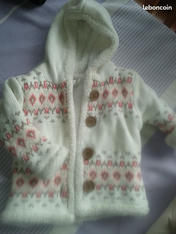 Blouson fille 12 mois, Blanc motif jersey, Bon état (image 1)