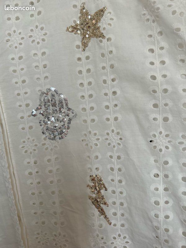 Chemise longue coupe liquette -blanc cassé - coton, broderies anglaises, sequins - TU jusqu’au 52 - neuve (image 4)
