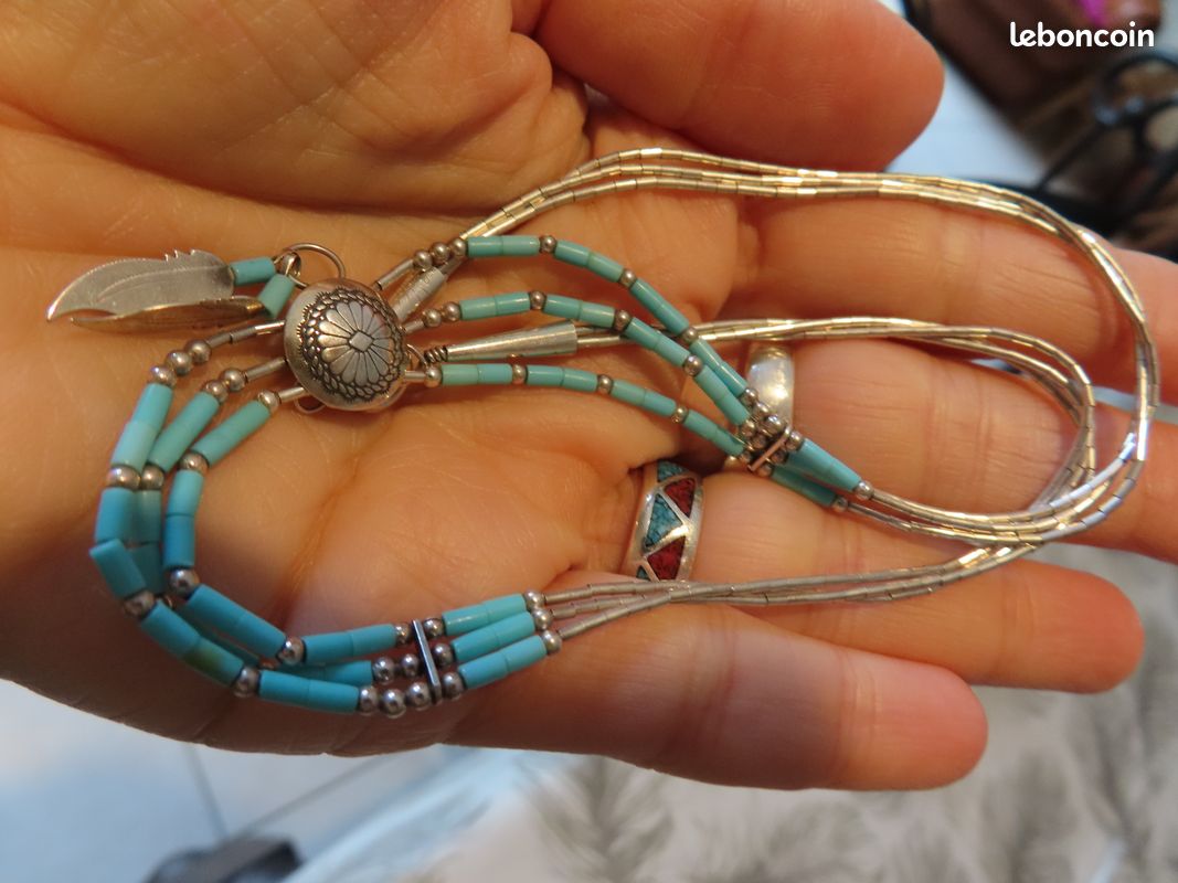 Collier En Argent Massif Avec Perles Turquoises - Longueur 41 Cm - Occasion