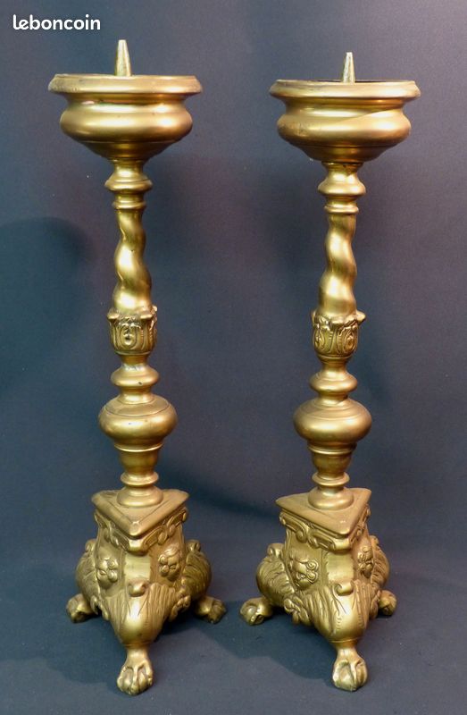 1890 paire grands bougeoirs candélabres pique-cierge 52cm6kg bronze doré église (image 5)