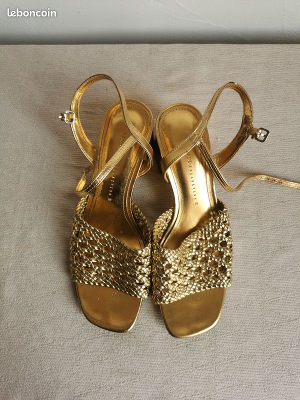 Sandales Zara Neuves Taille 35 – Motif Tressé Doré, Talon Haut, Sans Emballage