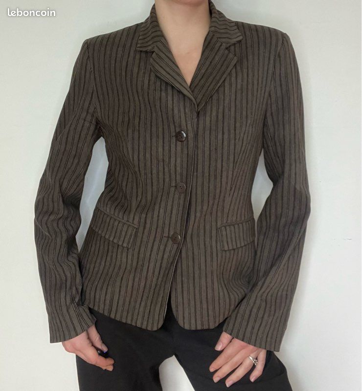 Veste Blazer Femme Caroll Rayures Marron - Taille 38, Occasion En Très Bon état, Style Chic