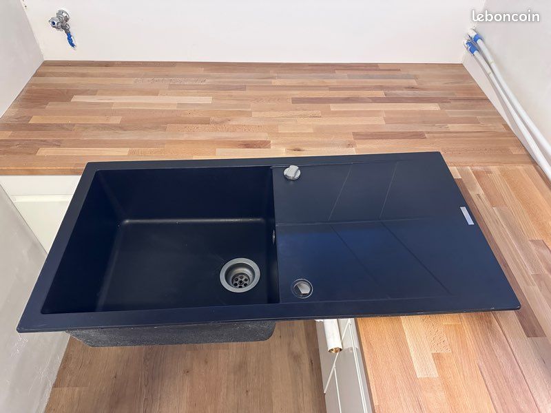 Evier en quartz et résine 1 bac 50 x 100 cm vidage inclus Calypso noir (image 3)