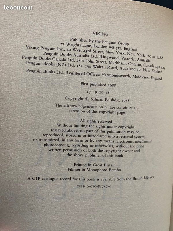Livre Salman Rushdie - The Satanic Verses - E0 1988 (image 5)