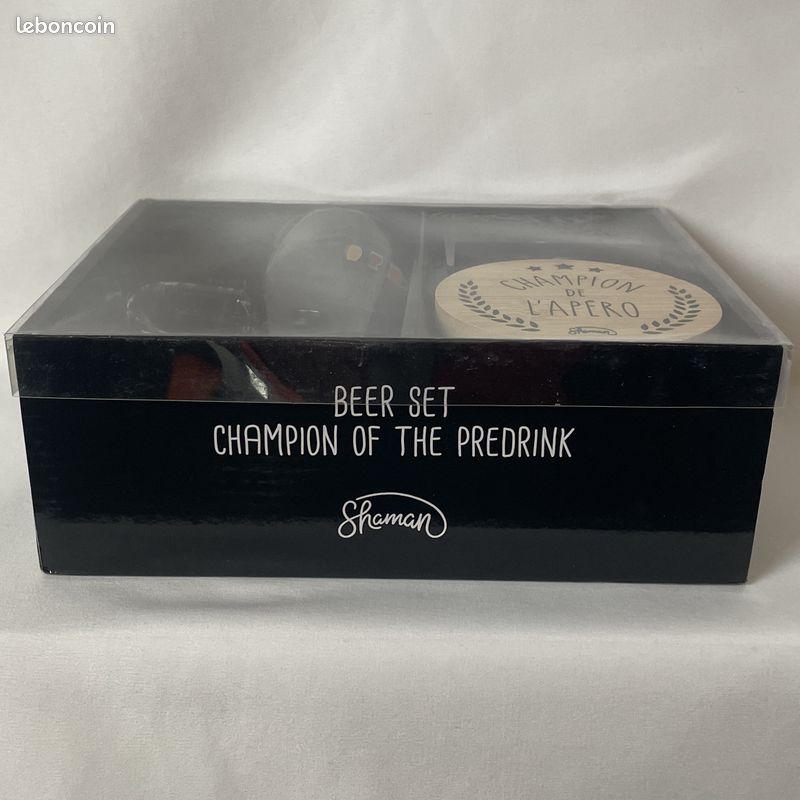 Coffret bière Champion de l'apéro Le Fabuleux Shaman Brune rousse blonde Peu m'importe Chope Dessous de verre Décapsuleur Transparent beige et gris Verre bois et métal NEUF Idée cadeau (image 6)