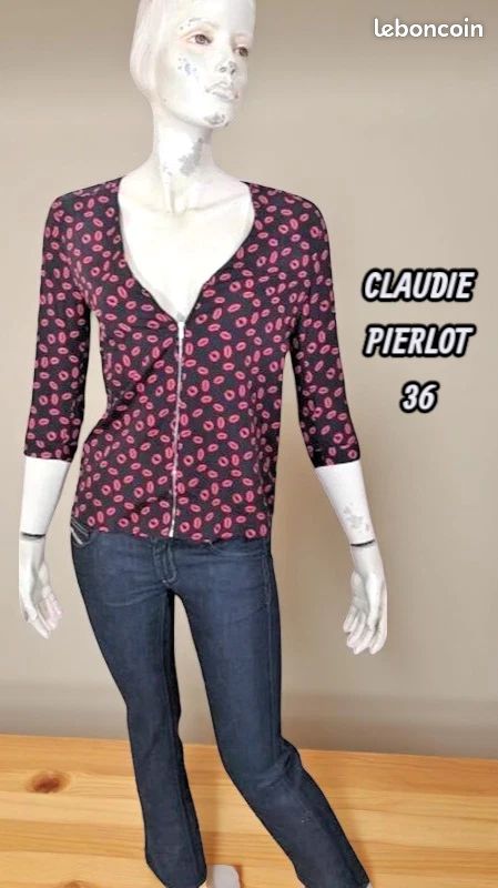 Haut Claudie Pierlot - Modèle Bambou Noir, Manches 3/4, Taille 36 - En Polyester, Excellent État Occasion