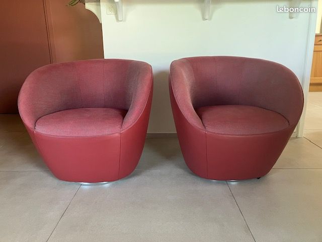 2 Fauteuils Roche Bobois EDITO -cuir et tissu rouge6pivotants (image 1)