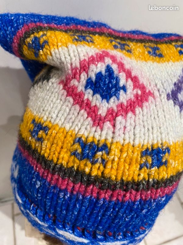 Bonnet pointu laine artisanale Lutin ethnique Bleue, multicolore atypique (image 10)