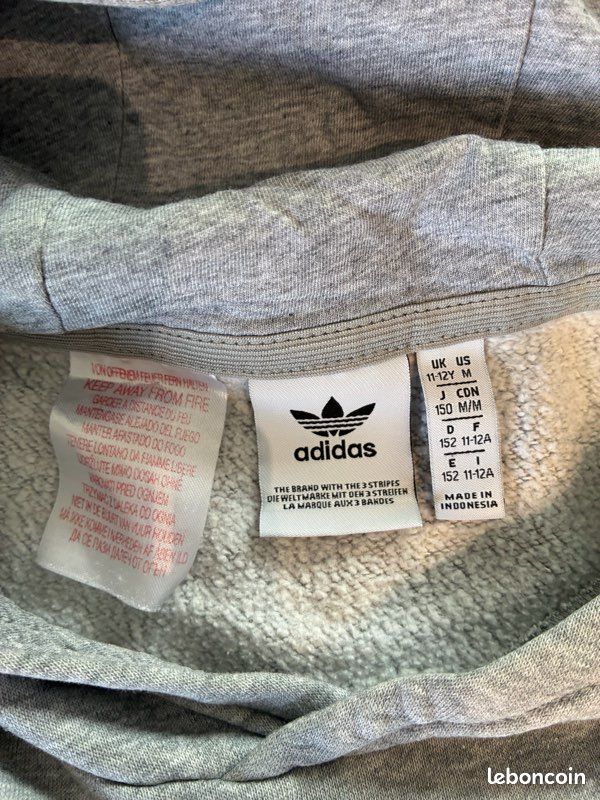 Adidas Originals | Sweat à capuche gris chiné Trefoil logo brodé blanc poche kangourou molletonné | Taille 12 ans | Neuf (image 5)