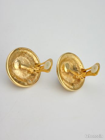 Boucles D'Oreilles Clips Vintage LERITZ - Métal Doré Avec Cabochon Émeraude - Occasion