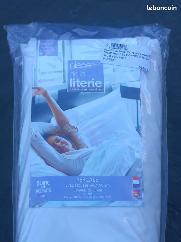 Drap Housse Percale 140x190 Cm, Bonnet 30 Cm – Blanc – Neuf Sous Emballage
