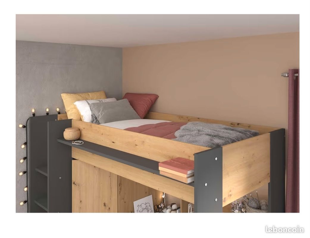 🛏️ Lit mezzanine 90x200 avec bureau & placard sans matelas (image 9)