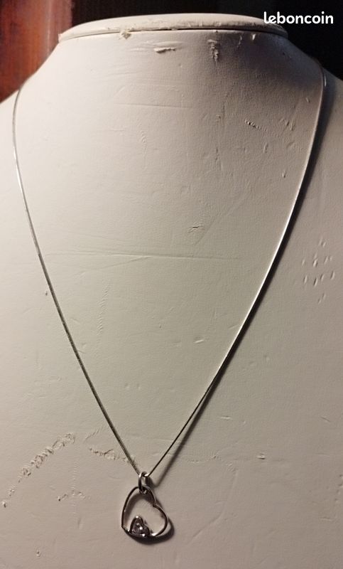Chaîne En Argent Sterling 48 Cm Avec Pendentif Cœur Zirconium - Poinçonné - Occasion TB état