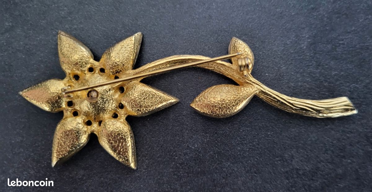 Broche Vintage Fleur - Laiton Doré, Pâte De Verre Bleue Imitation Opale Arlequin