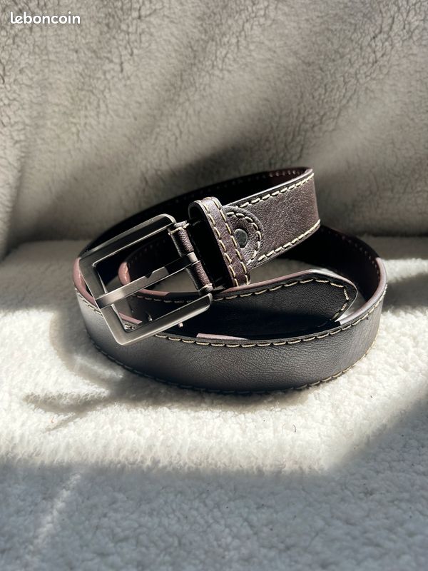 Ceinture en cuir marron liseré blanc taille 115 cm (image 5)