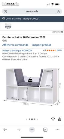 Bibliothèque Banc 2 En 1 HOMCOM - 6 Casiers, 102x30x61cm, Blanc Gris