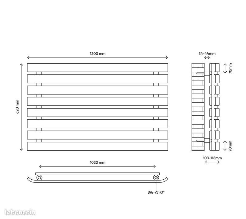3 x Radiateurs eau chaude GoodHome Wilsona Horizontal 1 x blanc 2 x noir 1080 W (prix unitaire) garantie + facture (image 3)