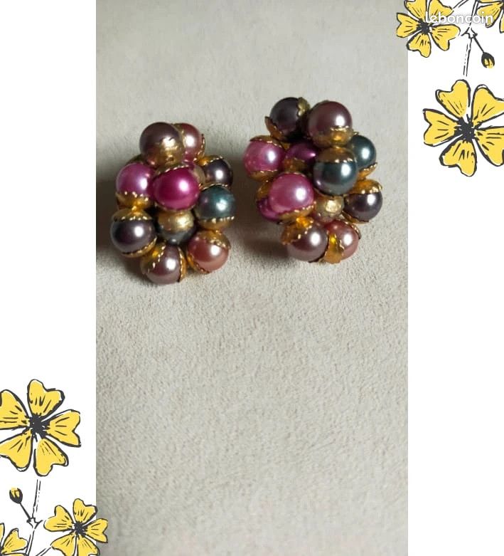 Boucles D'oreilles Vintage Clips - Or Et Perle Fantaisie Bleue, Occasion