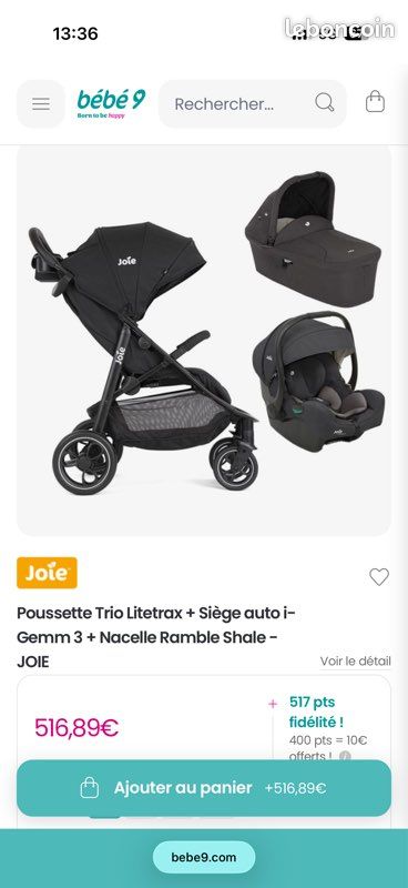 Trio poussette Joie Litetrax + nacelle + coque i-Gemm – Très bon état (image 1)