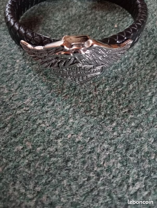 Bracelet Cuir Harley-Davidson Noir - Fermoir Crochet, Longueur 21 Cm, Look Biker Authentique
