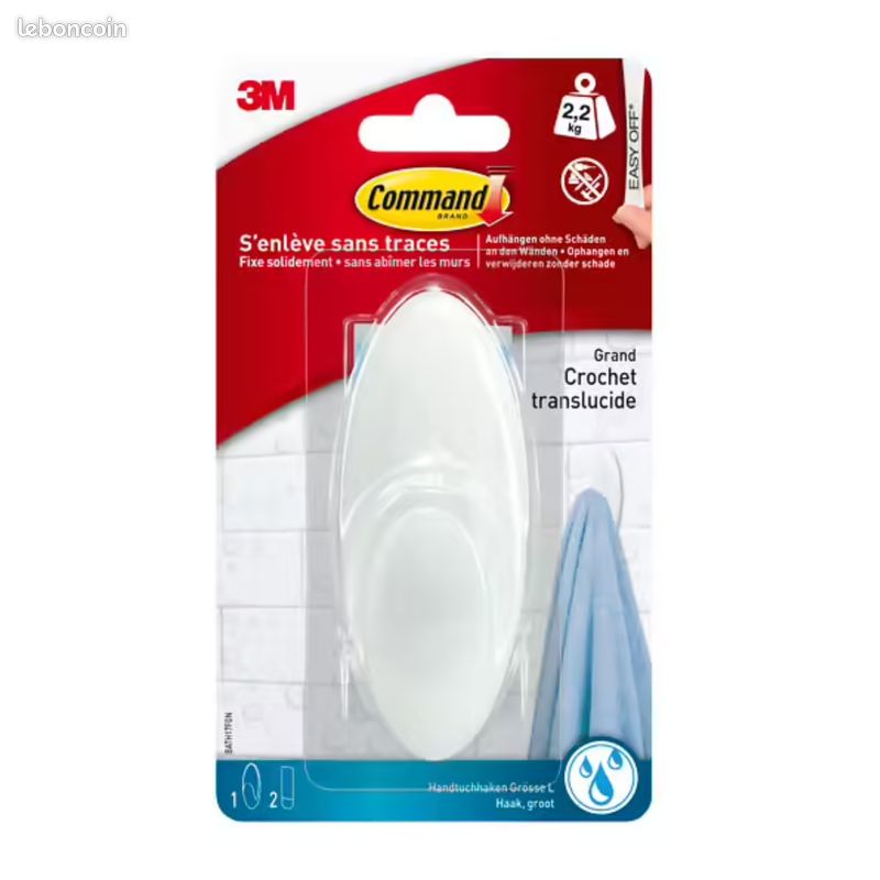 Lot de 3 Crochets Salle de Bain 3M Command L Blanc Adhésif Sans Perçage 2,2 kg - Neuf sous Emballage - ID N°133 (image 3)