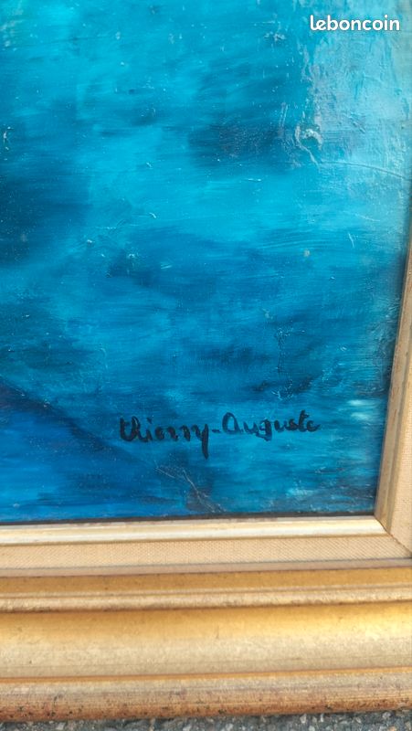 Tableau vase bleu avec bouquet de fleurs blanches.
La signature « Thierry-Auguste » (image 2)