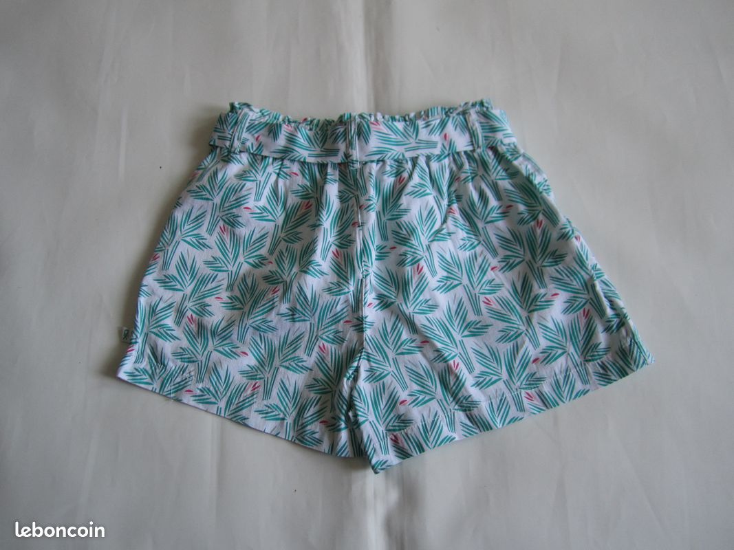 Short léger blanc/feuillage vert/fuchsia ans fille Okaidi NEUF
