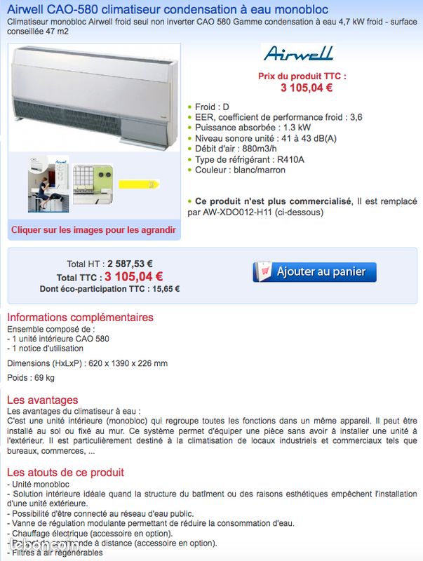 Climatiseur monobloc condensation eau AIRWELL gamme Confort CAO 580 (image 2)