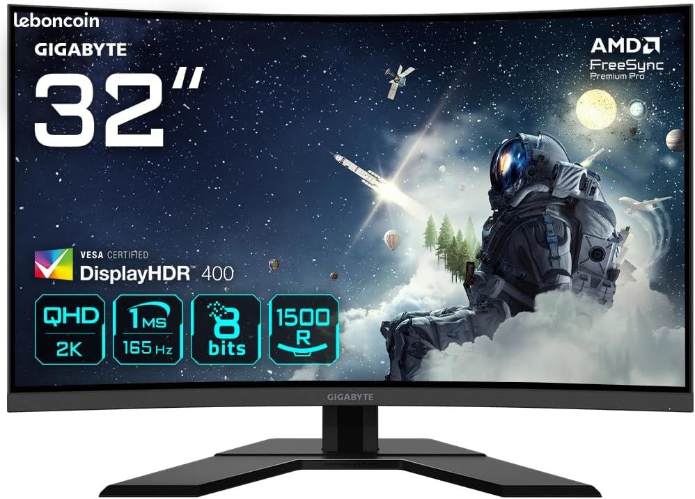 Moniteur écran gaming incurvé + Support Moniteur Double, 32", 2K(QHD), 165Hz, 1ms, 1500R, Freesync Premium Pro, (Gigabyte G32QC), HMDI, DisplayPort, 350 cd/m², HDR400 (image 3)