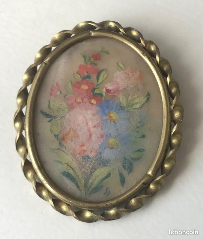 Ancienne Broche Bouquet De Fleurs Sous Verre - Monture Laiton, Vintage, Sans Marque, Occasion Portée