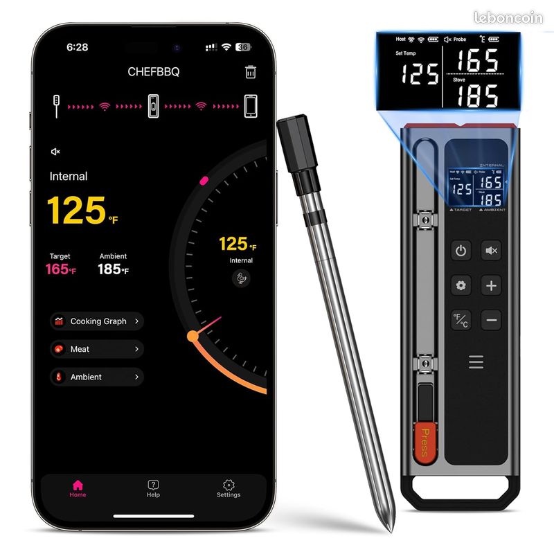 OBEST Thermomètre de cuisine intelligent pour barbecue, avertissement de haute température avec minuterie, sonde pliable, affichage en trois couleurs, thermomètre pour nourriture, barbecue, rôti et OBEST Thermomètre de cuisine intelligent pour barbecue, avertissement de haute température avec minuterie, sonde pliable, affichage en trois couleurs, thermomètre pour nourriture, barbecue, rôti et