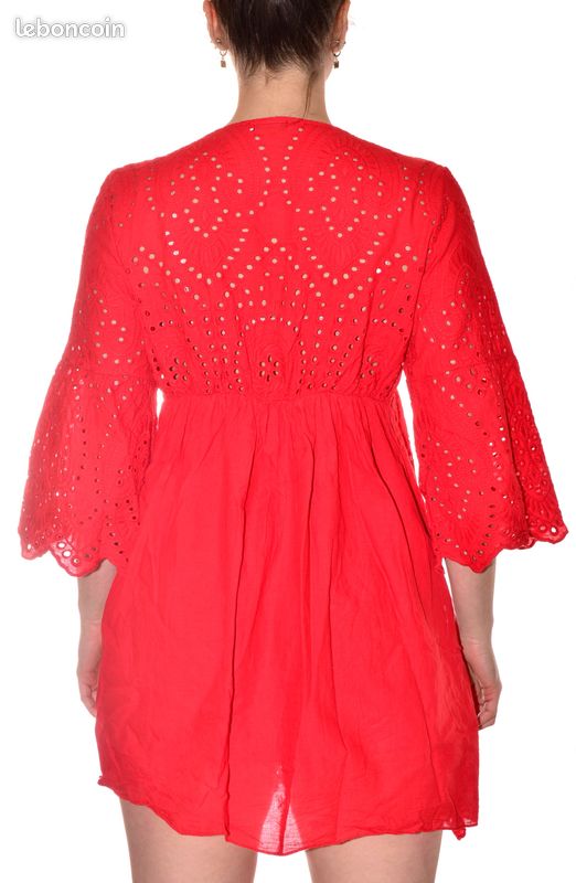 Robe Midi Rouge En Coton – Col V Brodé, Manches 3/4, Taille S – Fluide Et Féminine
