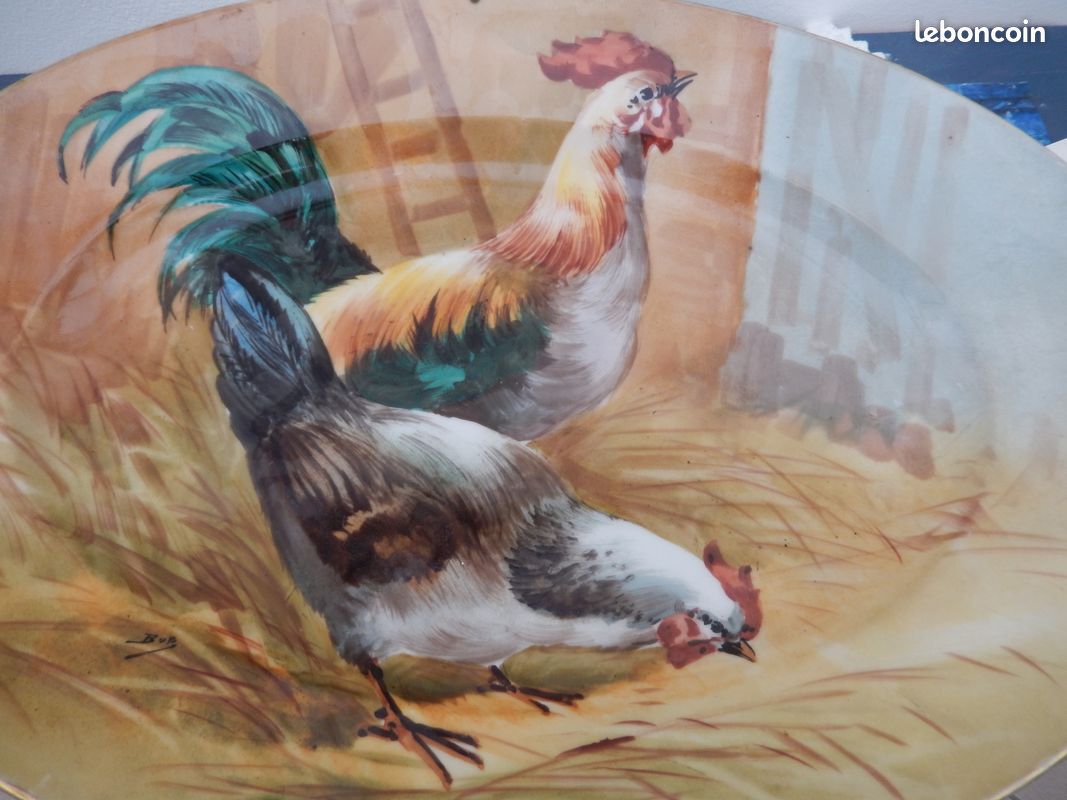 Très grand plat décoratif en porcelaine - coq et poule - Décorateur - tout début 20ème (image 3)