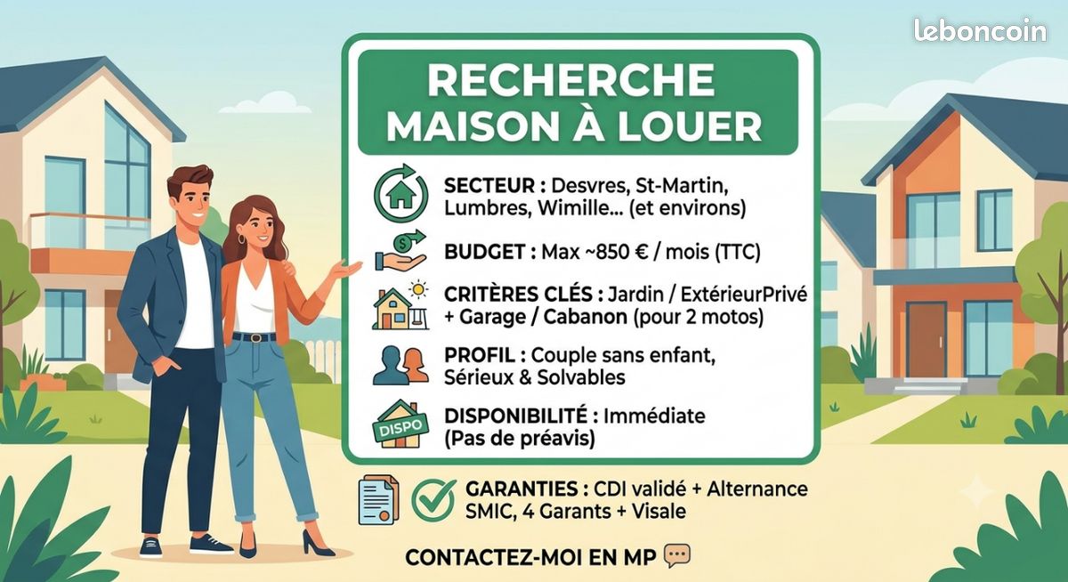 Recherche location maison avec jardin et garage / cabanon (Secteur Desvres, St-Martin, Lumbres...) (image 1)