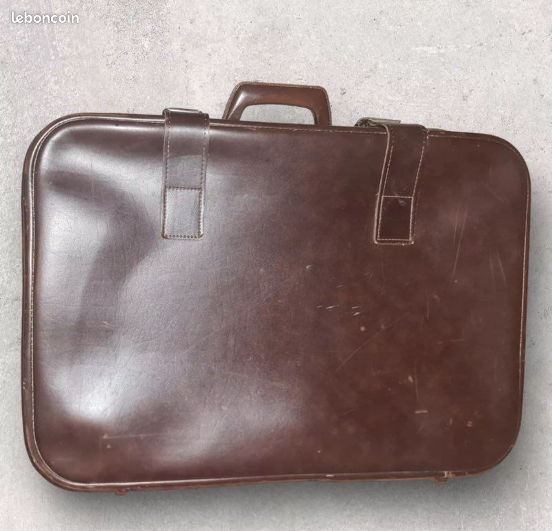 Ancienne Valise En Cuir Marron, Grand Bagage à Main Vintage - France