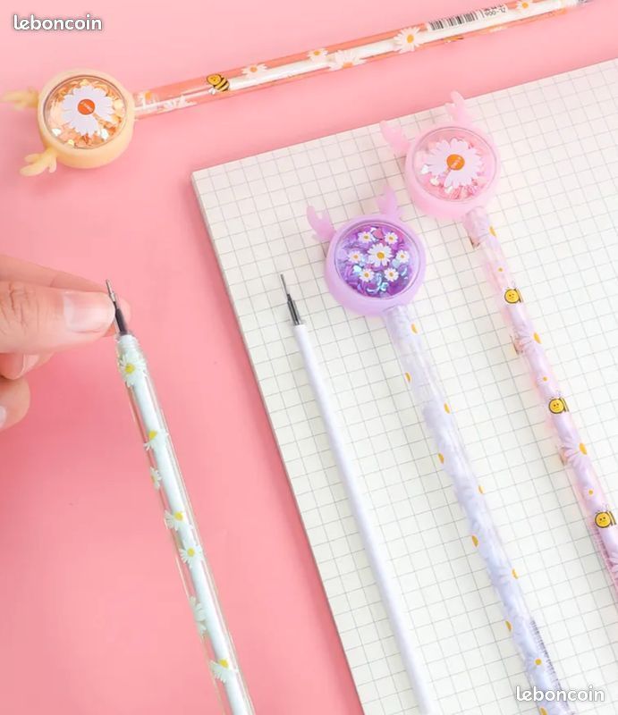 3 Stylos gel avec décor fleurs, animaux, paillettes, souvenir fête anniversaire enfants, fête fin d'année, neufs, 1/p (image 10)