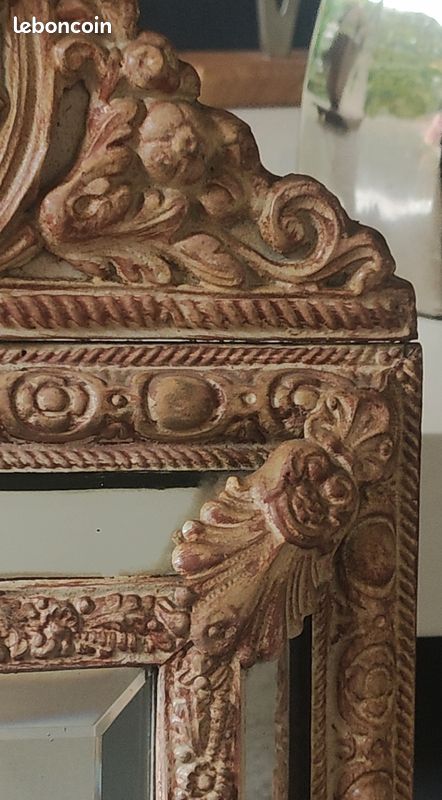 Miroir Biseauté à Parecloses style Napoléon III, à 5 glaces, XIXème. En laiton repoussé sur support en bois. Stylé Victorien/Baroque, Rocici, Shabby-chic - Dim 55 x 32,5 cm (image 13)
