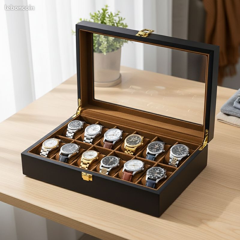 Coffret Présentation Pour 10 Montres - Boîtier Noir, Couture Blanche - Neuf Avec étiquettes