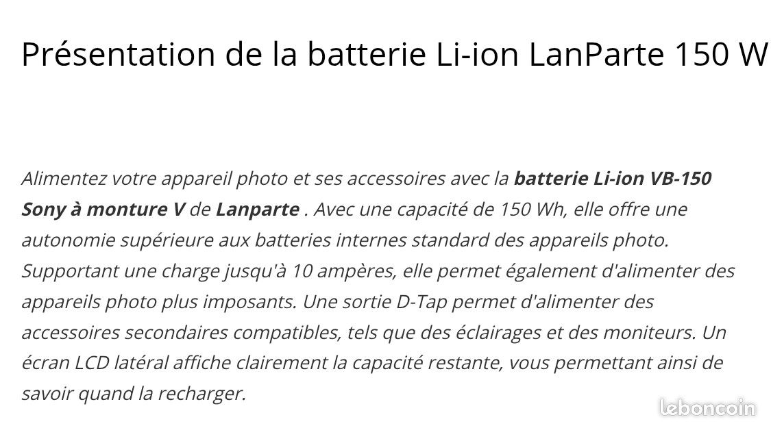 Batterie Lion VB150, 10400mAh autonomie Lanparte Sony (image 10)