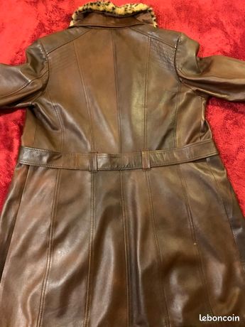 Manteau Long Vintage En Cuir Véritable Avec Fourrure - Marron, Taille XL, Occasion Très Bon état