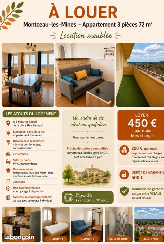 Appartement 3 pièces 72 m² · à Montceau-les-Mines · 72 m² · 650 €